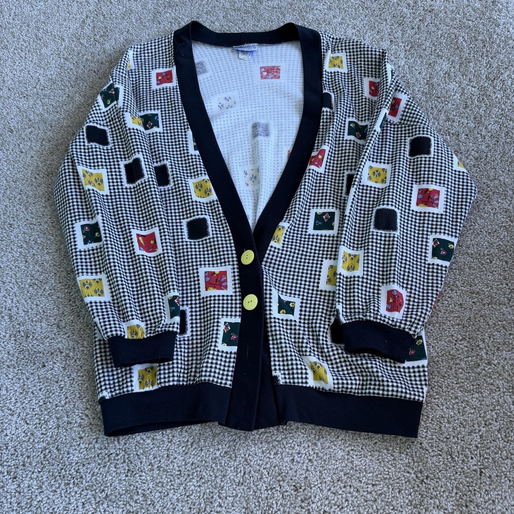 Vintage HMJ Cardigan Sweater Womens M Multicolor Check Button Front Knit USA